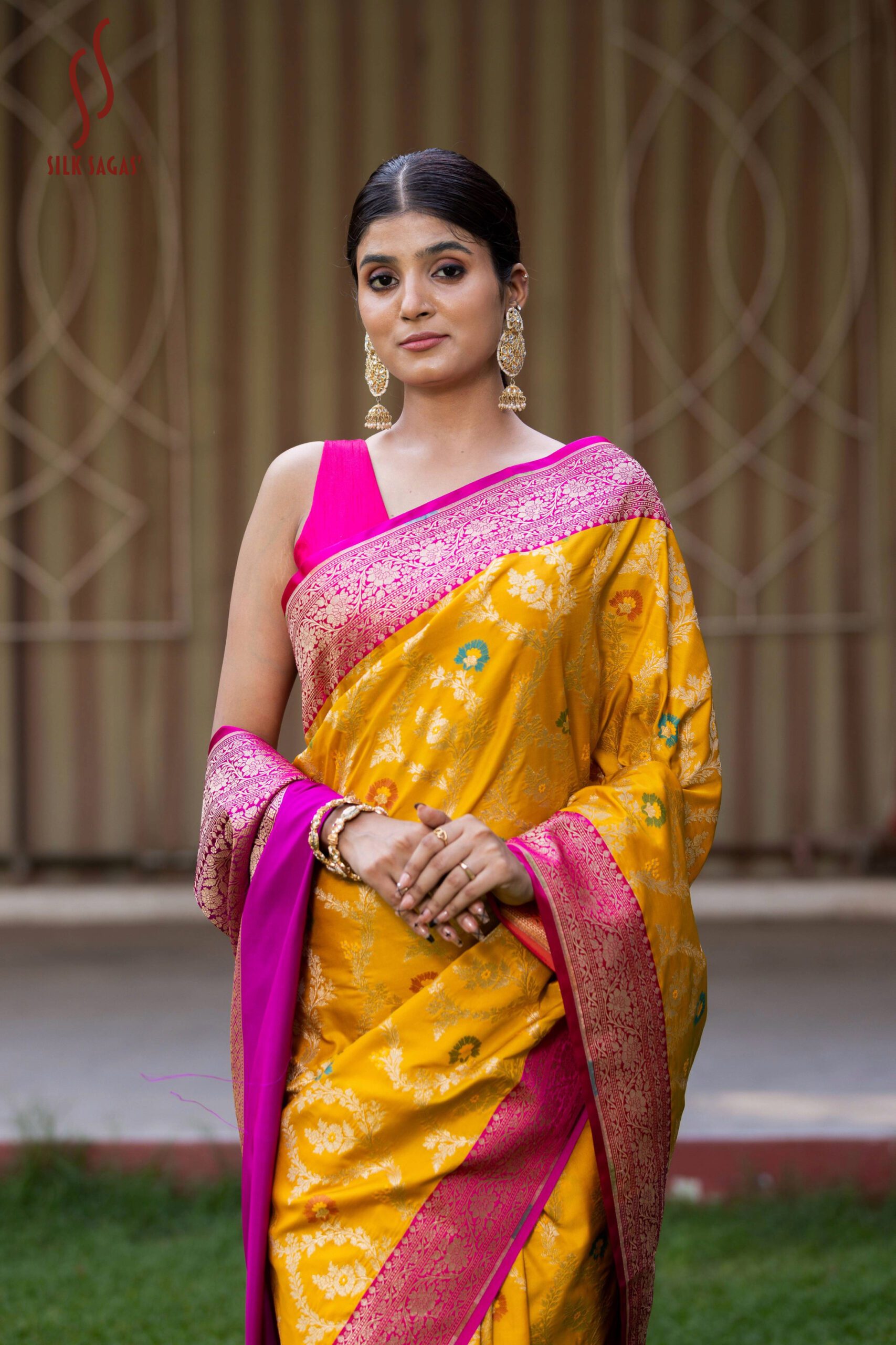 Yellow With Pink Border Ektara Silk Saree